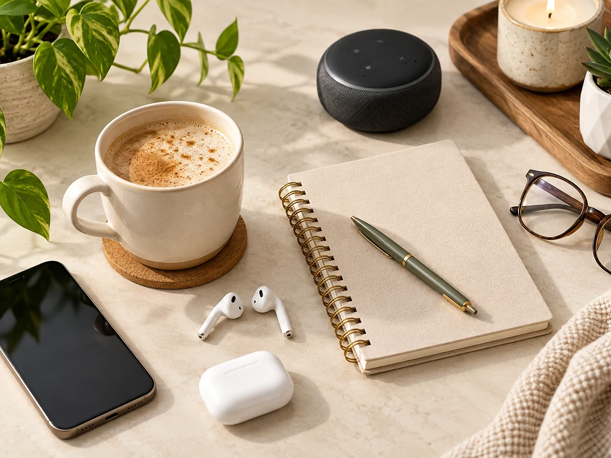 Everyday Essentials & Smart Finds – Trendy Treasures & Trinkets Flat lay of everyday essentials featuring a coffee mug, notebook, wireless earbuds, smartphone, and smart speaker on a neutral desktop.